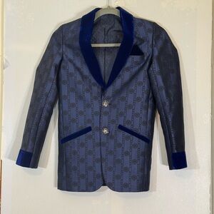 Unbranded Boys Elegant Semi-Velvet Blue Rotary Gears Patterned Blazer